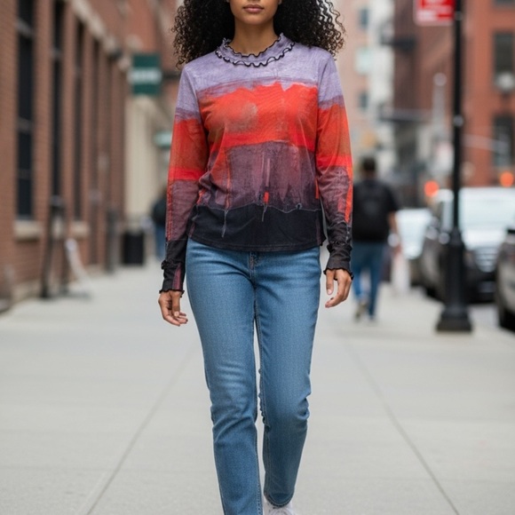 Lior Paris Top Zila Ruffle Mock Collar Stylish Long Sleeve Colorful - Picture 9 of 9